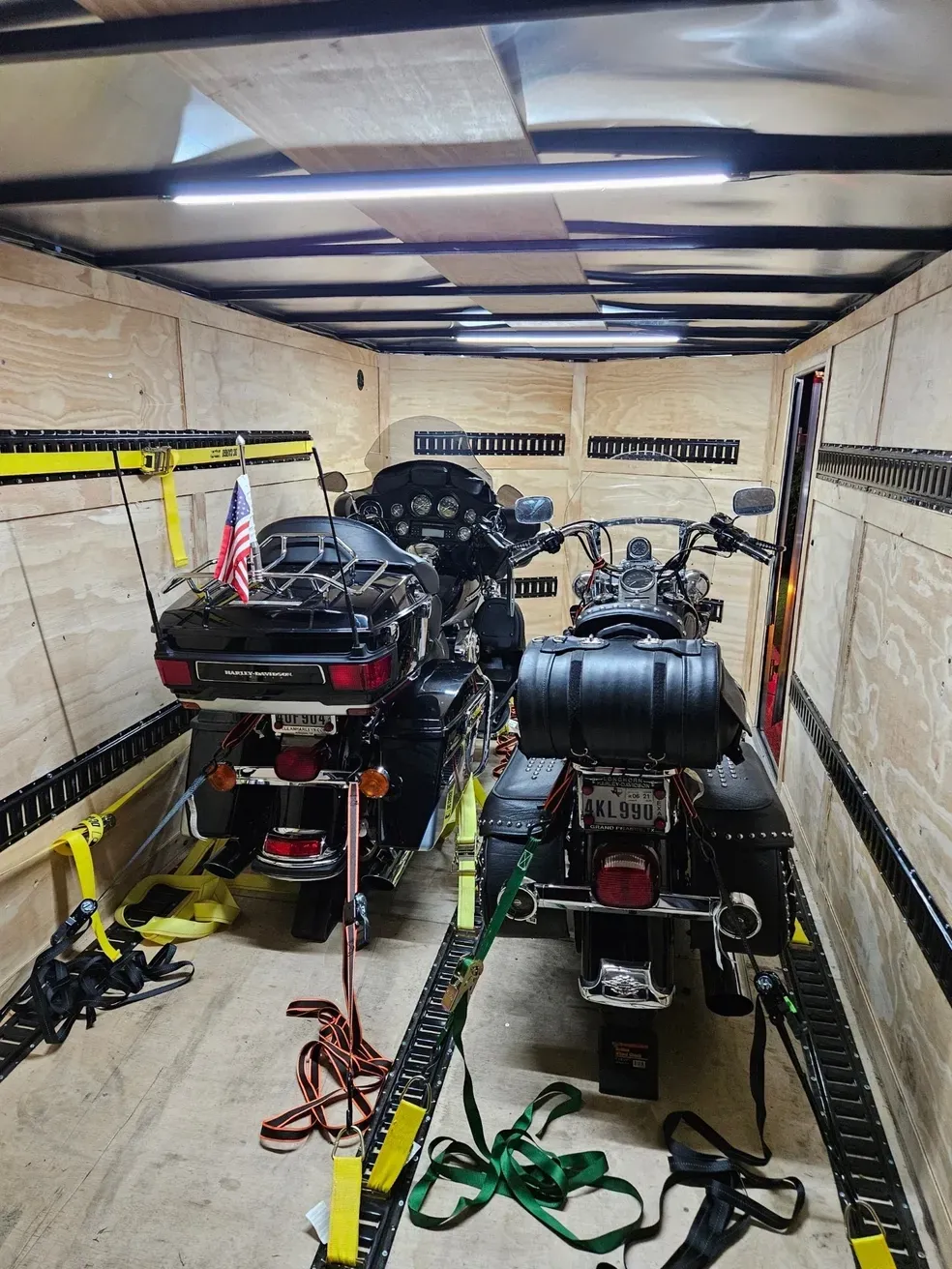 Enclosed trailer interior with motorcycles